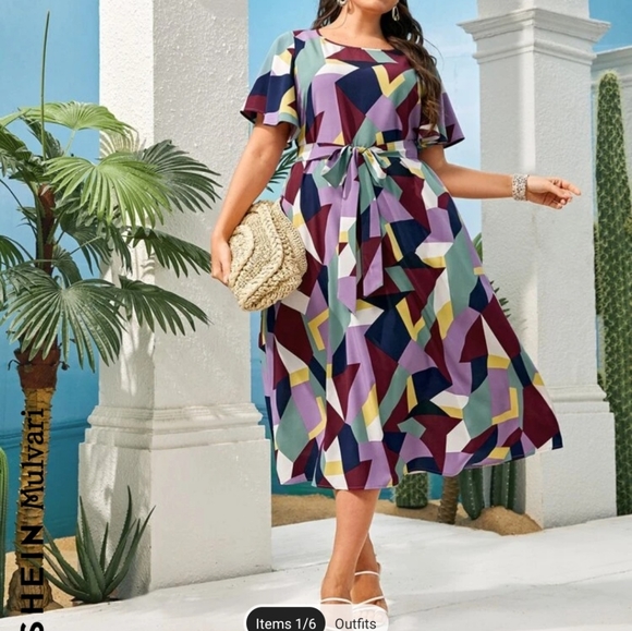 Geo Print Belted Dress - Picture 2 of 9